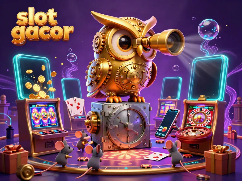 Experience the excitement of slot gacor with a dynamic depiction of a golden owl and animated mouse patrons in a colorful casino.