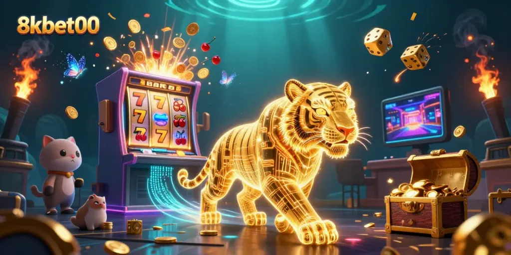 Experience the thrill of 8xbet00 with a dazzling casino scene featuring a golden tiger and slot machine bursting with jackpots.