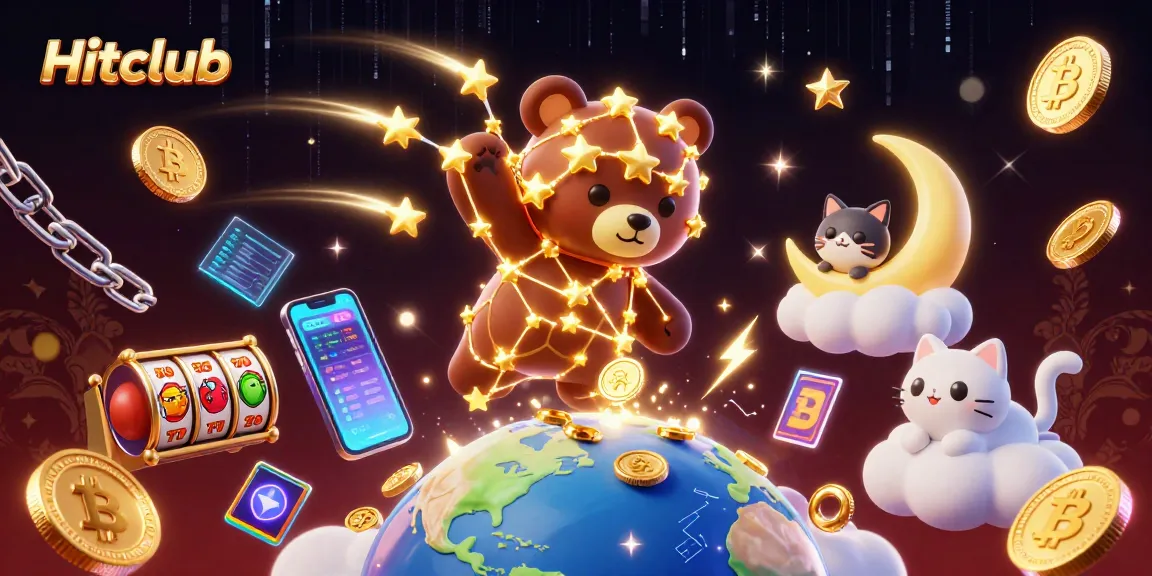 Hitclub engages players with a vibrant casino-themed scene featuring golden star characters and slot elements.
