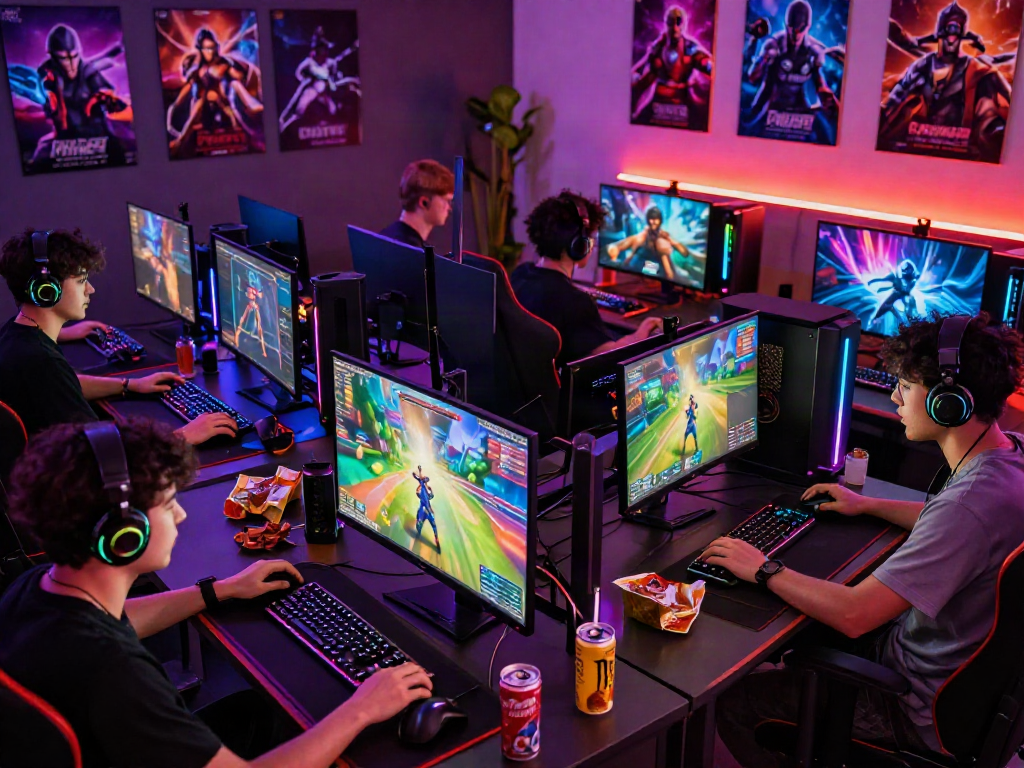Pengalaman bermain game online luxury111 dengan pemain beragam dan setup gaming modern, suasana energik dan kompetitif.