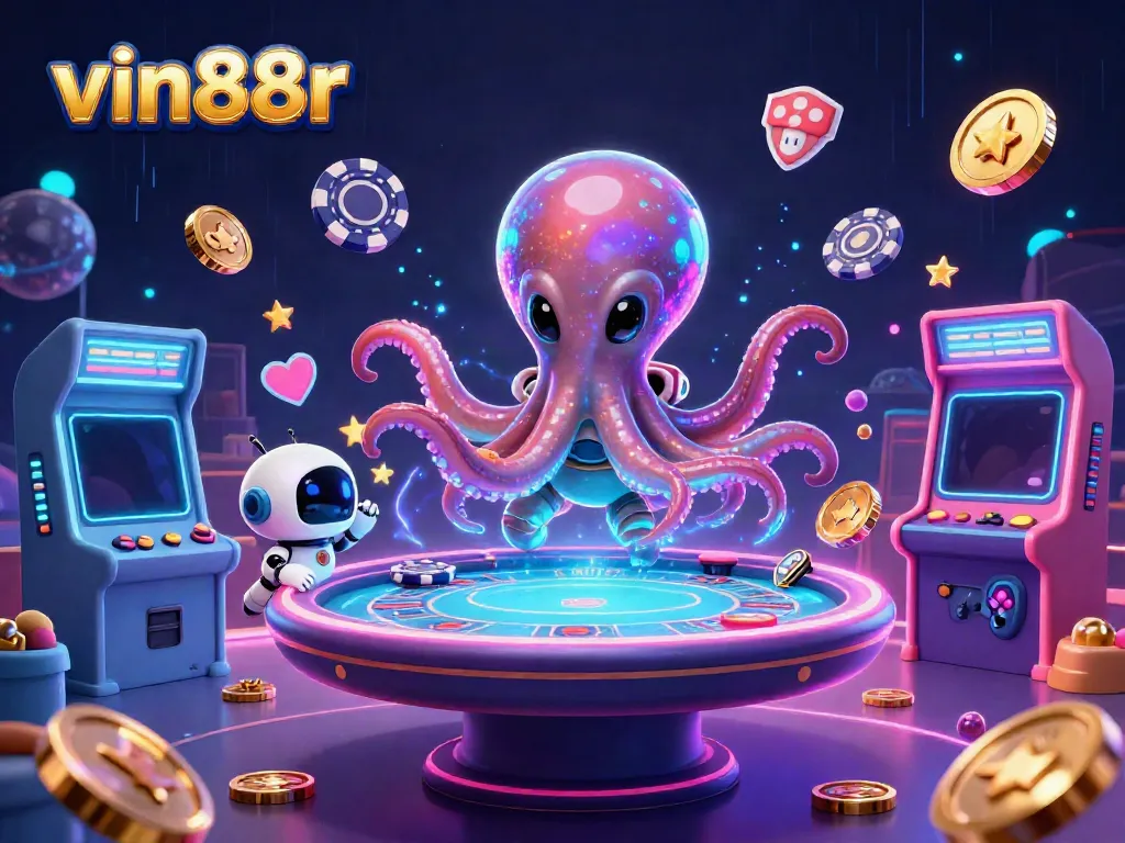 Play exciting games with vin88r, featuring a vibrant alien octopus at a holographic casino table.