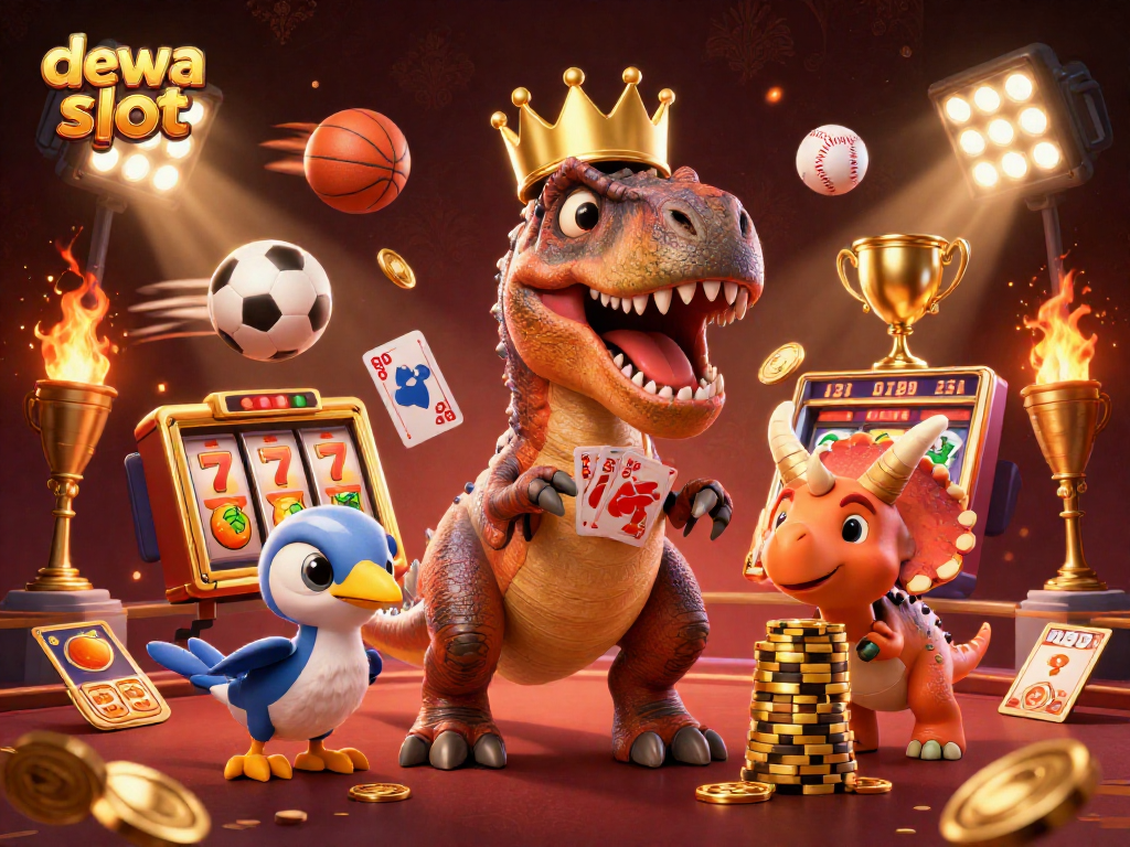 Play exciting games with dewa slot characters like T-Rex and pterodactyl in a vibrant casino.