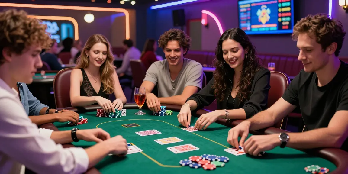 Intense gambling scene at a poker table with friends, cermin303 chip stacks and neon lights enhancing excitement.
