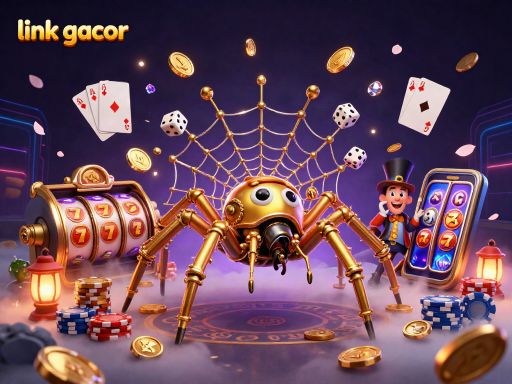 Uncover link gacor strategies with a steampunk spider illustration showcasing slot machines and poker elements.