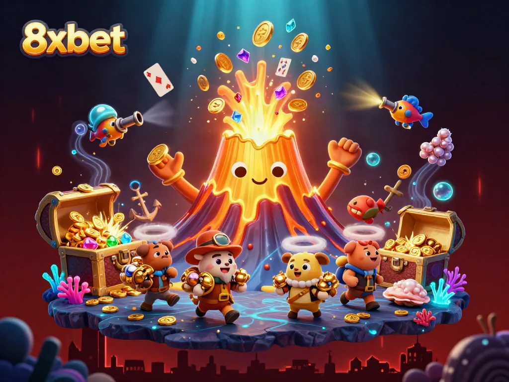 Experience thrilling wins with the 8xbet golden volcano and treasure-filled underwater scene.