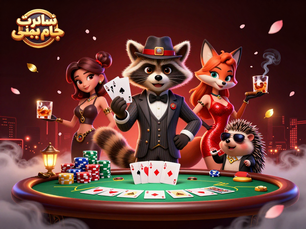 Experience the excitement of سایت شرط بندی جام جهانی with this lively poker scene featuring a raccoon, fox, and hedgehog.