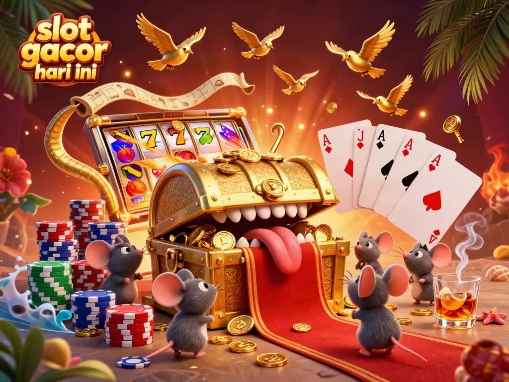 Engaging illustration showing a vibrant scene of 'slot gacor hari ini' with golden treasure chest and playful adventurer mice.