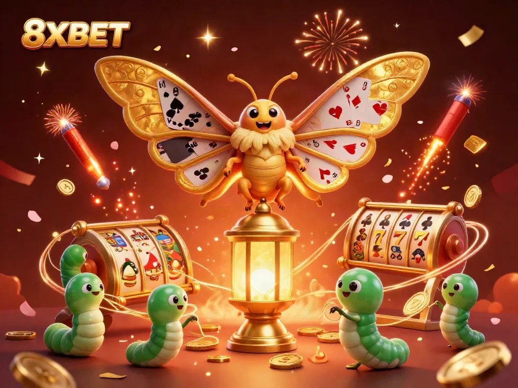 8XBET showcases a vibrant 3D casino scene with an atlas moth, golden elements, and celebratory confetti.