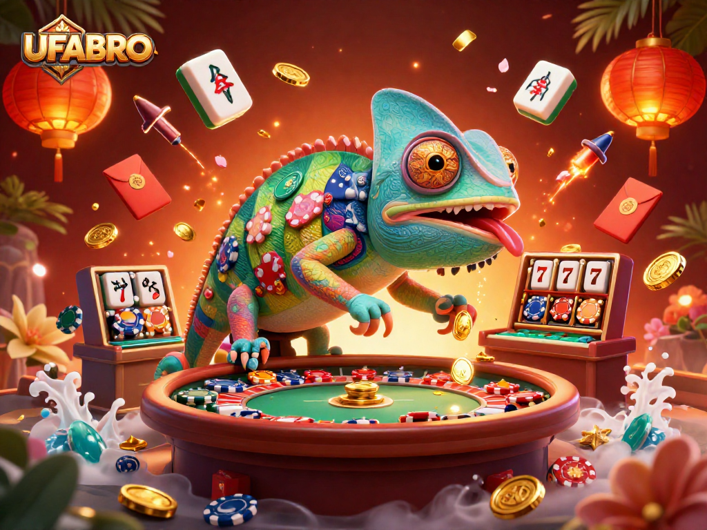 UFABRO offers an exhilarating casino experience with vibrant games and a unique chameleon mascot.