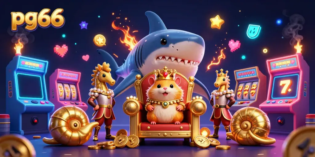 Experience the excitement of pg66 with a fierce golden hamster king and a vibrant casino scene.