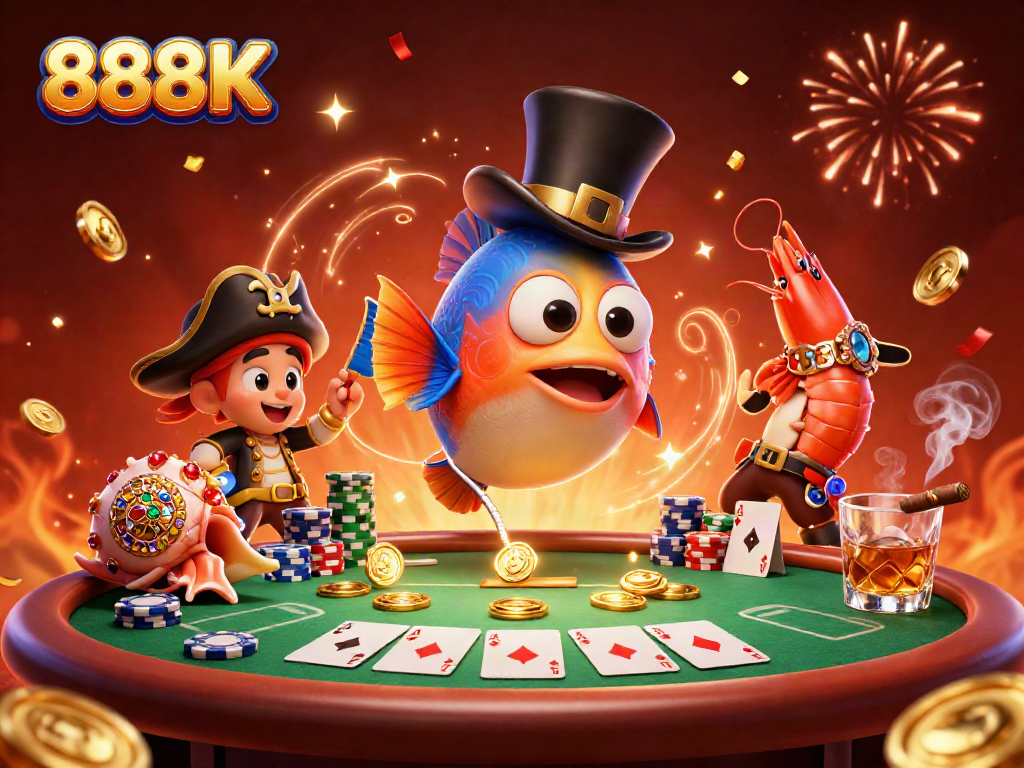 Engage in thrilling gaming with 888K featuring an anglerfish, pirate shrimp, and gem snail in a festive casino setting.