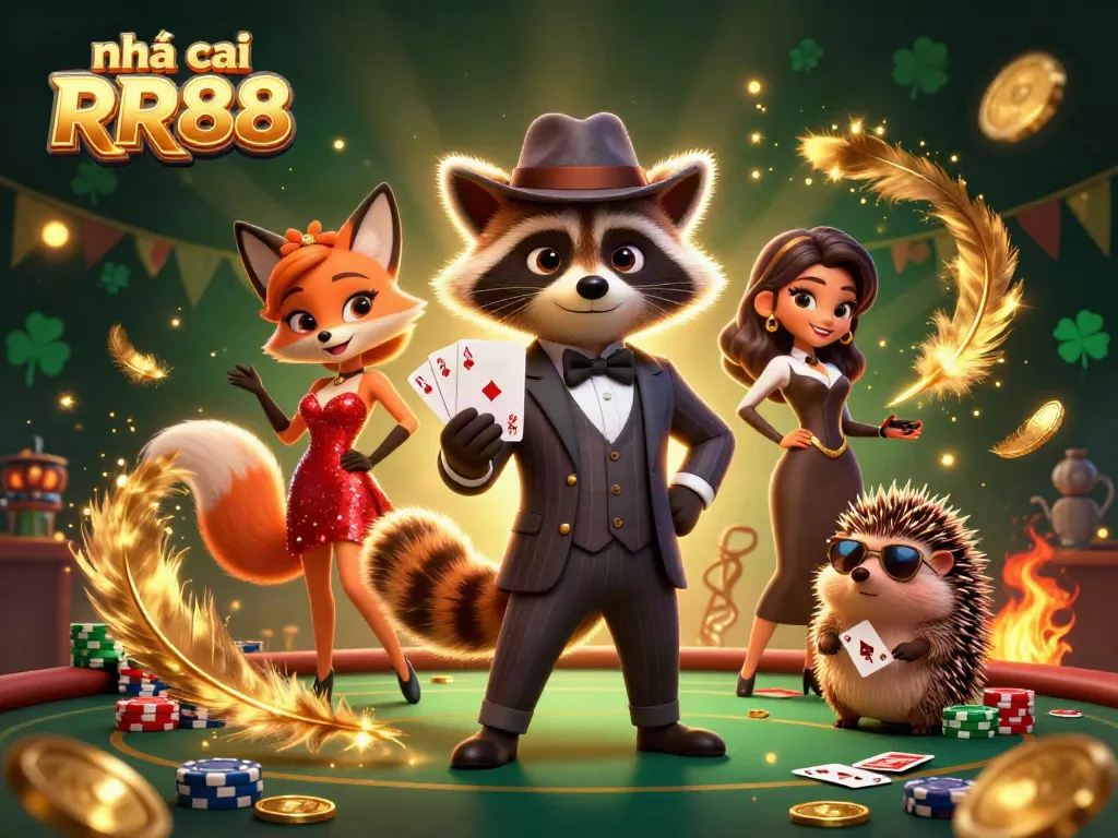 Experience the thrill of nhà cái RR88 with a charming raccoon and fox at a lively poker table.