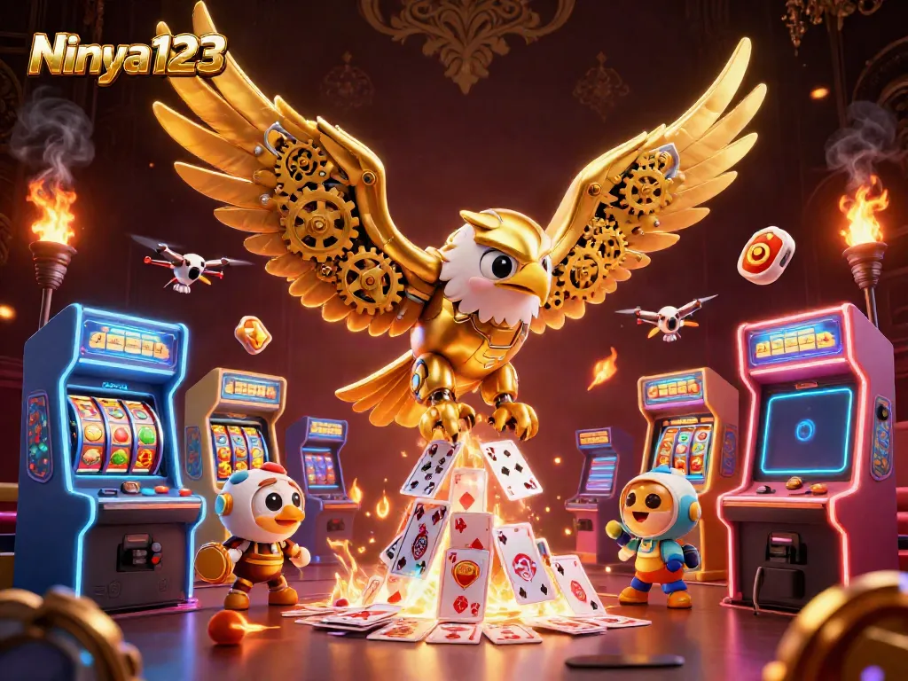 Ninja123 showcases a stunning golden eagle and arcade game machines in an engaging casino scene.