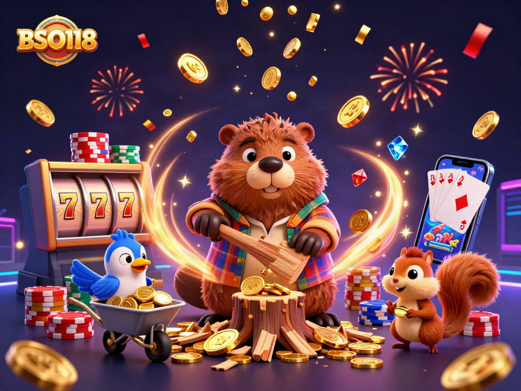 Join the excitement with BSO118 as the cartoon lumberjack beaver chops a tree that rains golden coins!
