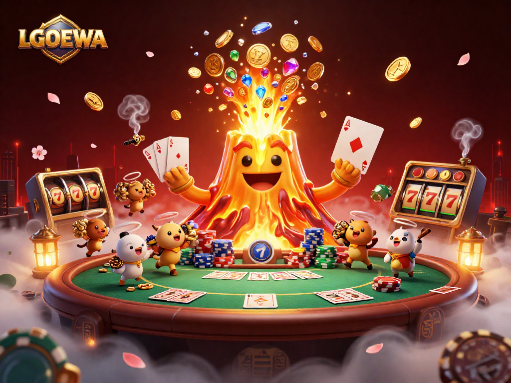 Join the adventure with LGODEWA as the golden volcano erupts treasure amidst thrilling casino elements.