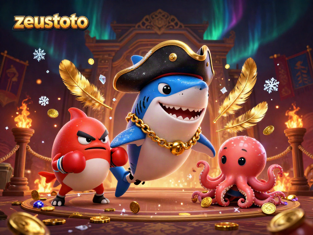 Experience zeustoto's exciting world with a pirate shark, pufferfish, and octopus in a vibrant casino setting.
