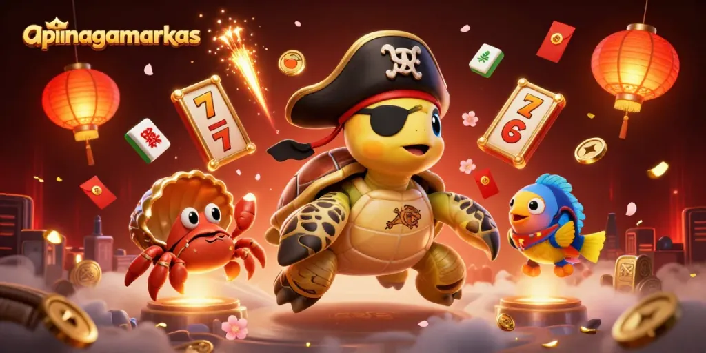 Join the adventure with apinagamarkas as cartoon characters celebrate a winning slot game amidst vibrant treasures.