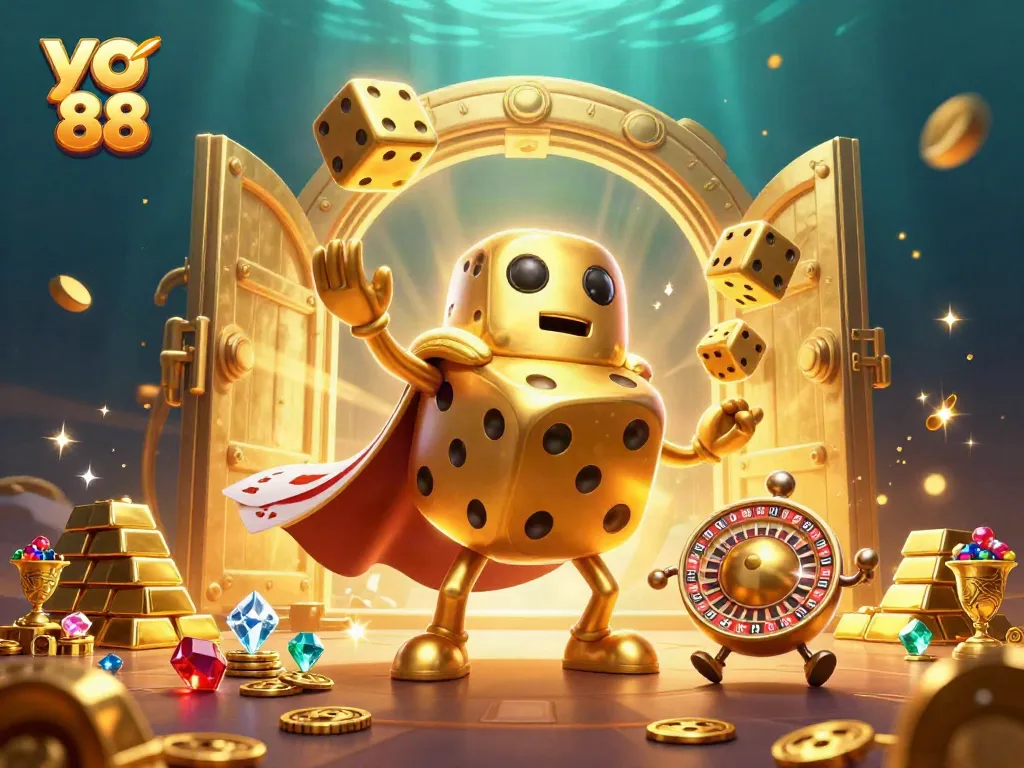 Join the excitement of yo 88 with a lively 3D casino scene showcasing golden dice and treasures!