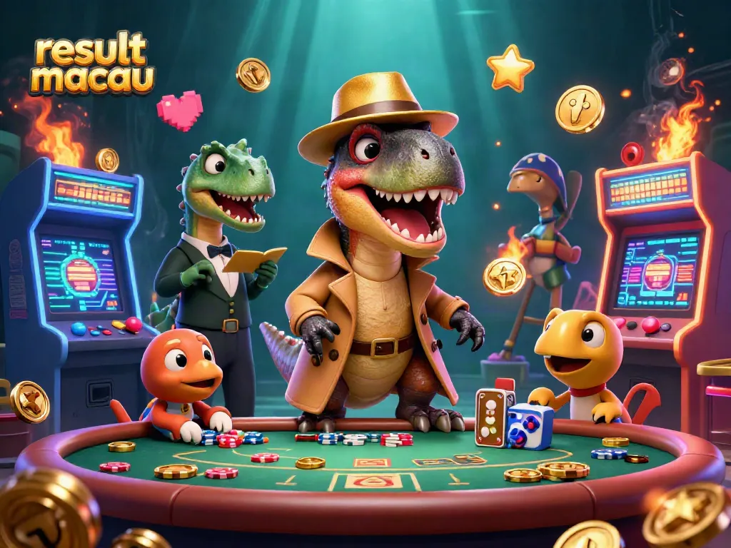 Experience thrilling gameplay with result macau in this vibrant 3D casino scene featuring a cartoon velociraptor.