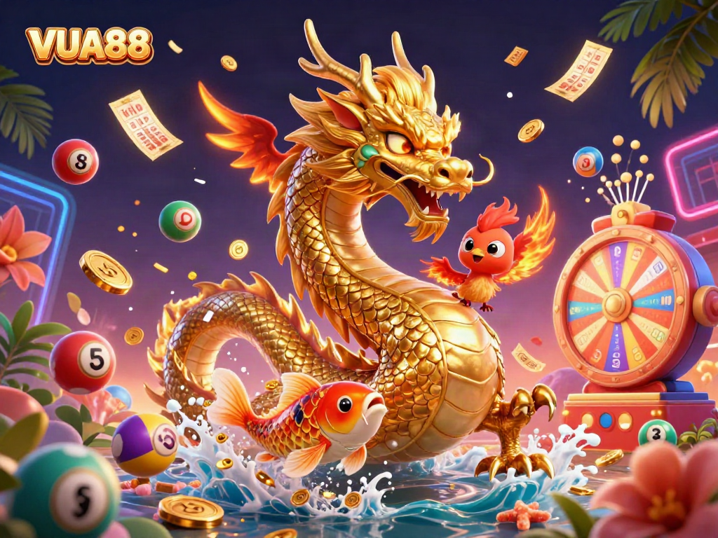 Experience the thrill of VUA88 with vibrant lottery elements and a majestic dragon in a dynamic casino scene.