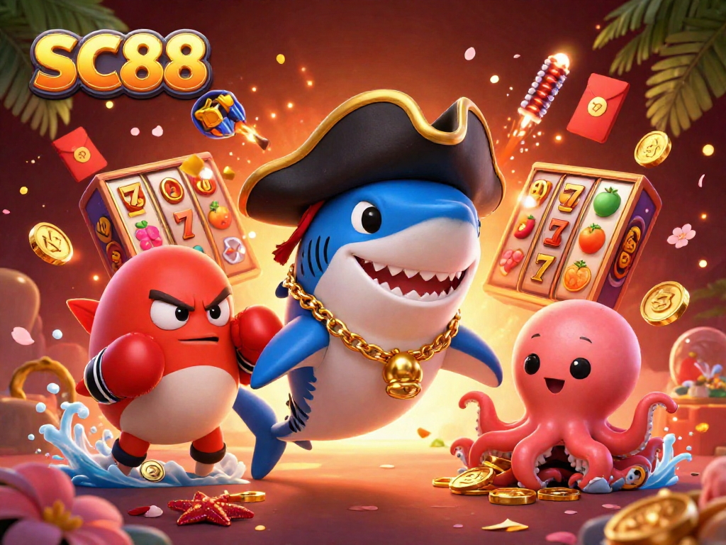 Engage with SC88's thrilling world of online slots alongside vibrant characters and festive elements.