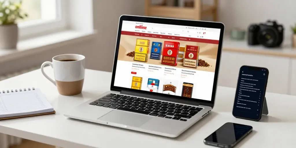 Explore cheap tobacco and cigarettes online with a vibrant virtual shopping scene featuring various tobacco products.