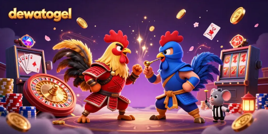 Permainan seru dengan dewatogel, ayam jantan bertarung dan koin emas berhamburan.