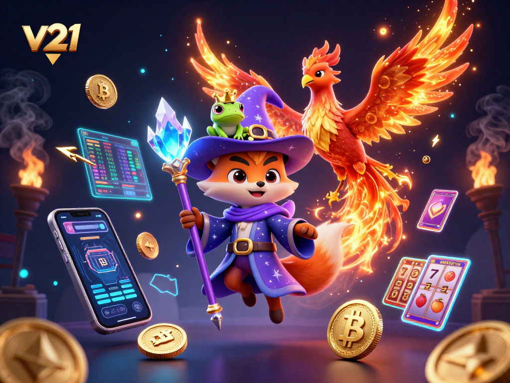 Visualisasi menarik dari dunia perjudian v21 dengan karakter mistis dan elemen kripto untuk pemain kasino.