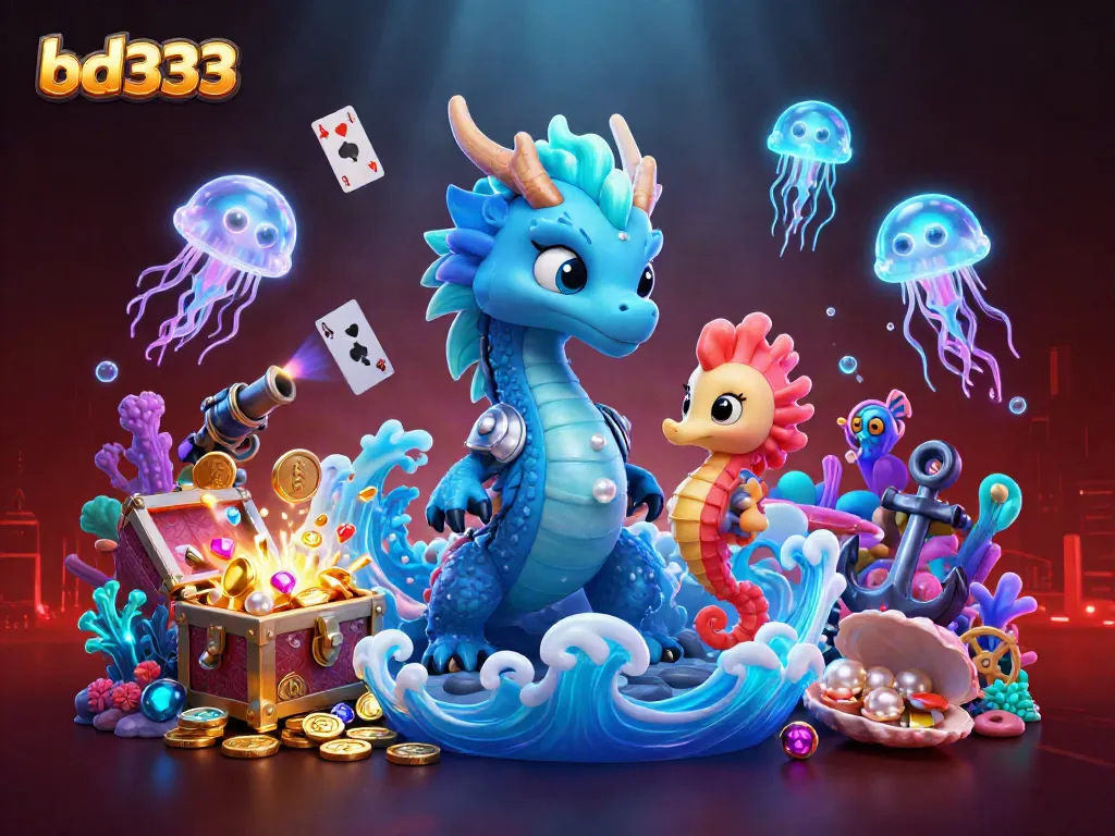 Experience gaming excitement with bd333 featuring a mystical water dragon, seahorse knight, and glowing jellyfish.