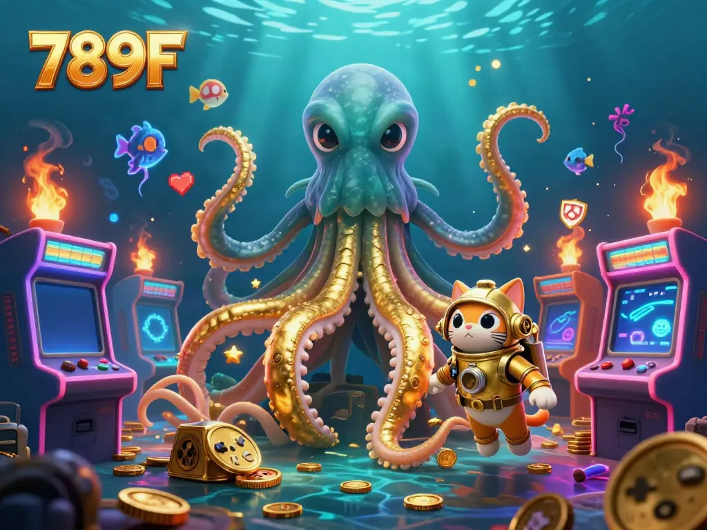 Engage in thrilling gameplay with 789F, featuring a colossal kraken and vibrant casino-themed characters in a rich underwater world.