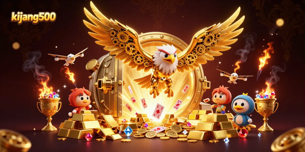 Kijang500 delivers thrilling casino action in a vibrant 3D illustration showcasing gold treasures and gaming elements.