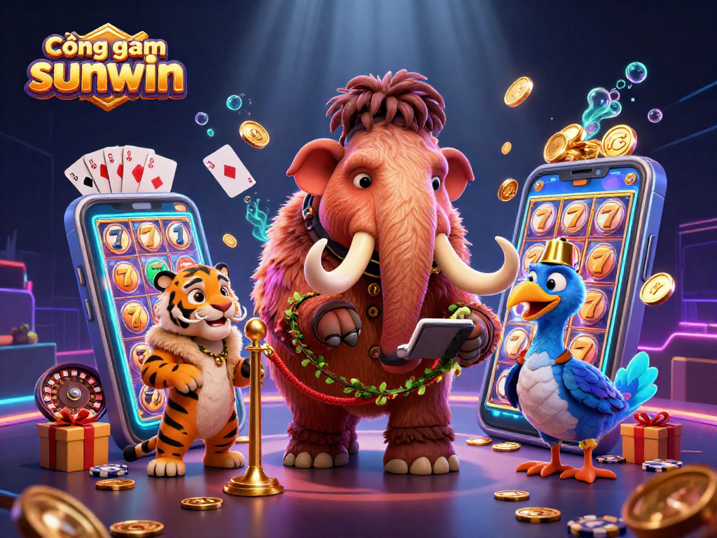 Cổng game sunwin features an enchanting 3D rendering showcasing a mammoth bouncer and VIP characters amidst vibrant gaming elements.