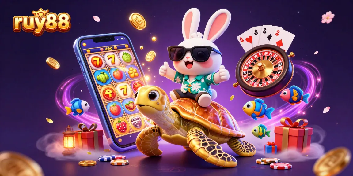Experience the thrill of ruy88 with a lucky rabbit and golden sea turtle in vibrant 3D casino illustration.
