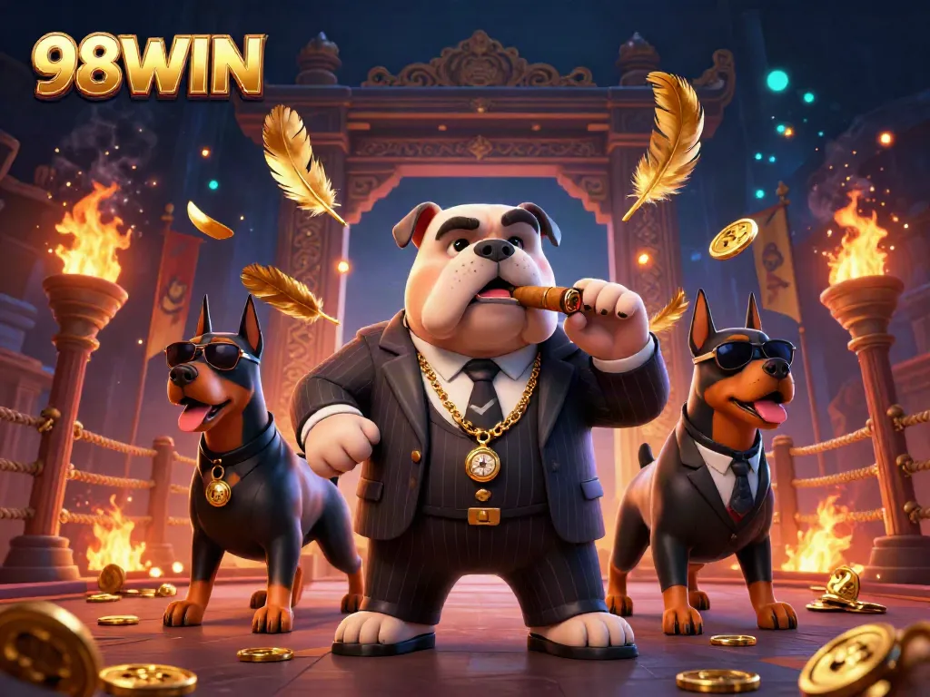 98WIN showcases a 3D cartoon mafia bulldog with bodyguard Dobermans, surrounded by gambling elements and vibrant colors.