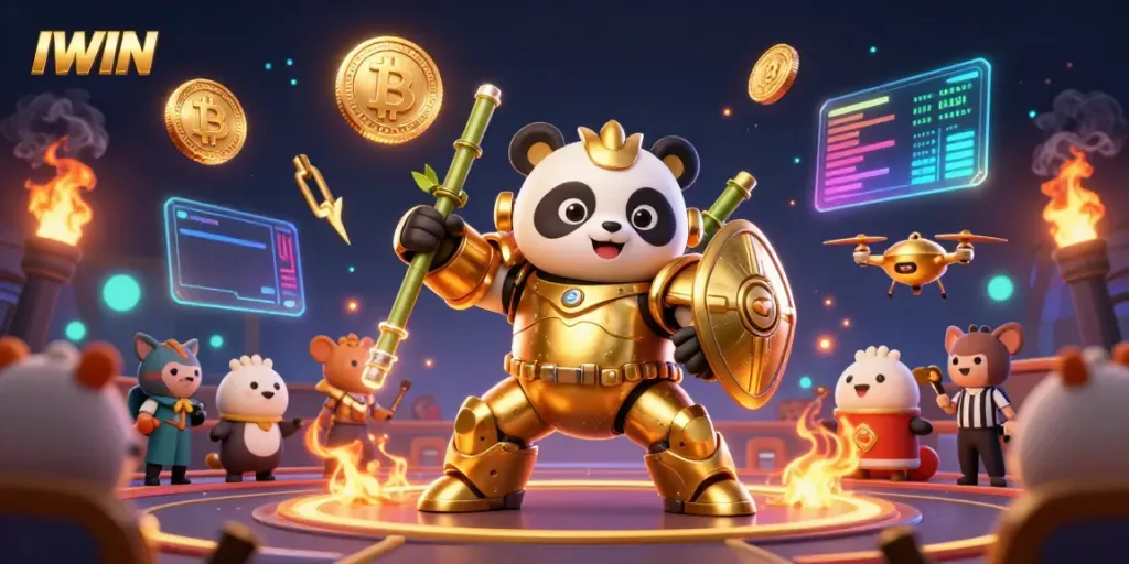 IWIN casino gaming scene with a golden panda mech-suit in an animated arena, surrounded by crypto elements.