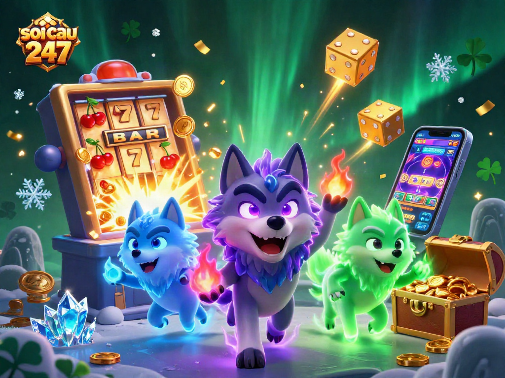 Experience the thrill of soi cau 247 with a captivating 3D scene of shadow wolves amid exciting casino elements.