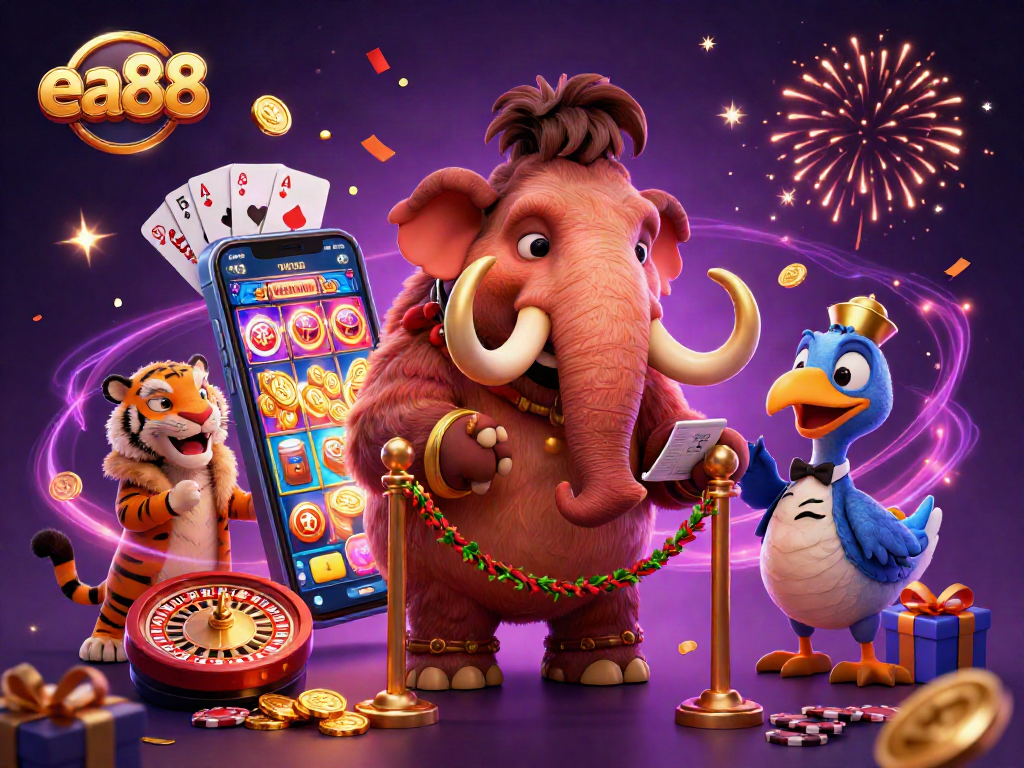 ea88 vibrant casino scene featuring cartoon characters in a dynamic setting with spinning slot games.