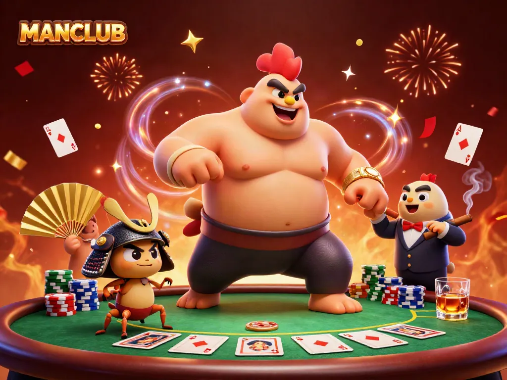 MANCLUB's unique characters celebrating wins with poker elements in a lively casino scene.