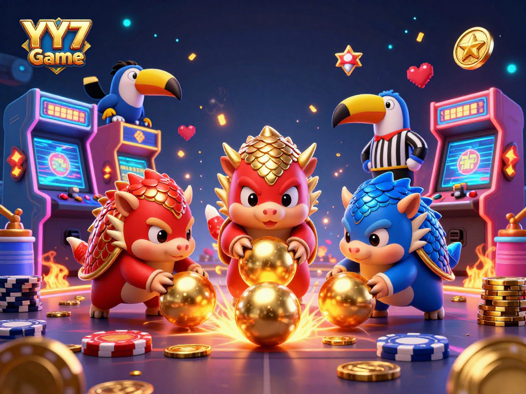 Experience the YY7 Game in vibrant 3D with rival pangolins competing for golden casino riches.