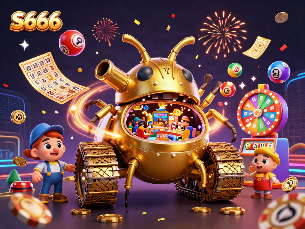 Engage with the vibrant energy of S666's dynamic casino world filled with lottery elements, confetti, and excitement.