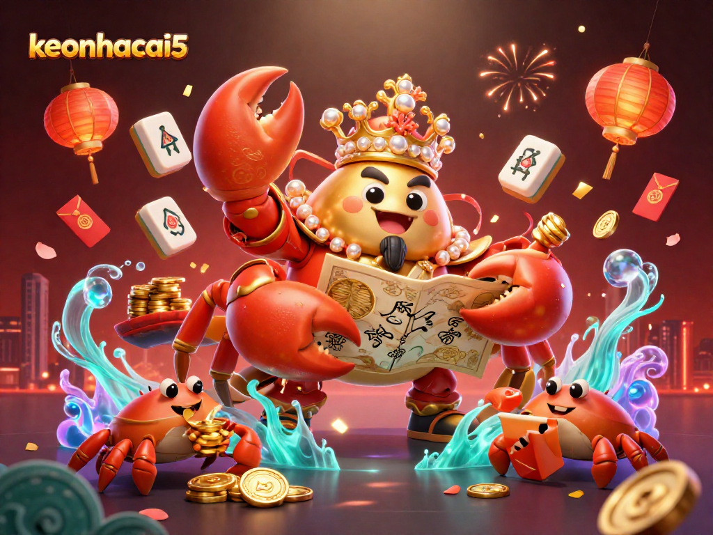 Experience the excitement of keonhacai5 with the golden crab emperor in this vibrant, action-packed casino illustration.
