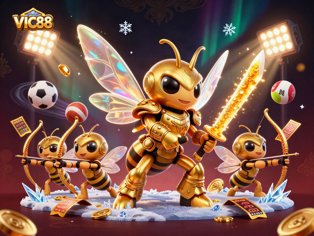 Experience VIC88 online gaming excitement with golden characters and dynamic sports elements.