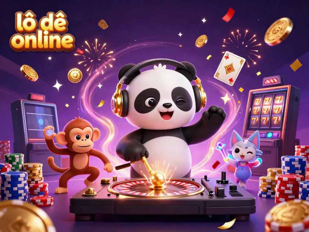 Experience the excitement of lô đề online with a vibrant 3D illustration featuring a DJ panda and dynamic characters.