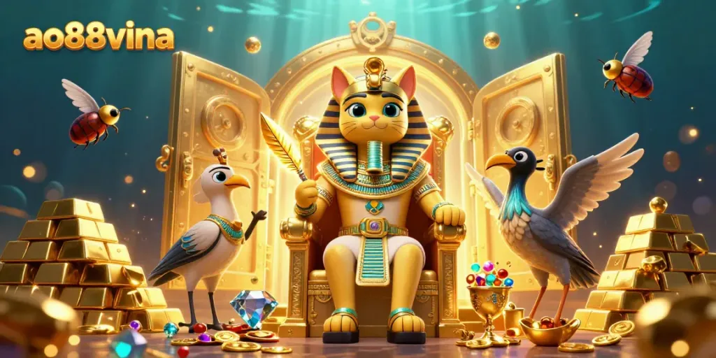Play thrilling games with ao88vina, featuring a majestic pharaoh cat and treasures galore.