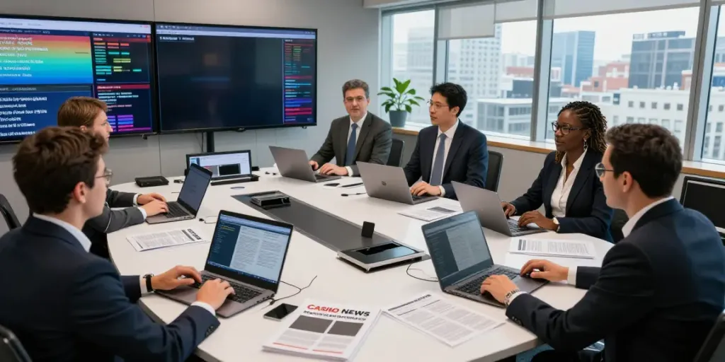 Casino News updates in a dynamic newsroom with journalists collaborating.