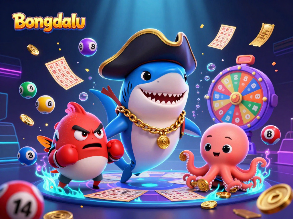Bongdalu lottery action with a pirate shark, pufferfish, and octopus in a vibrant, dynamic scene.