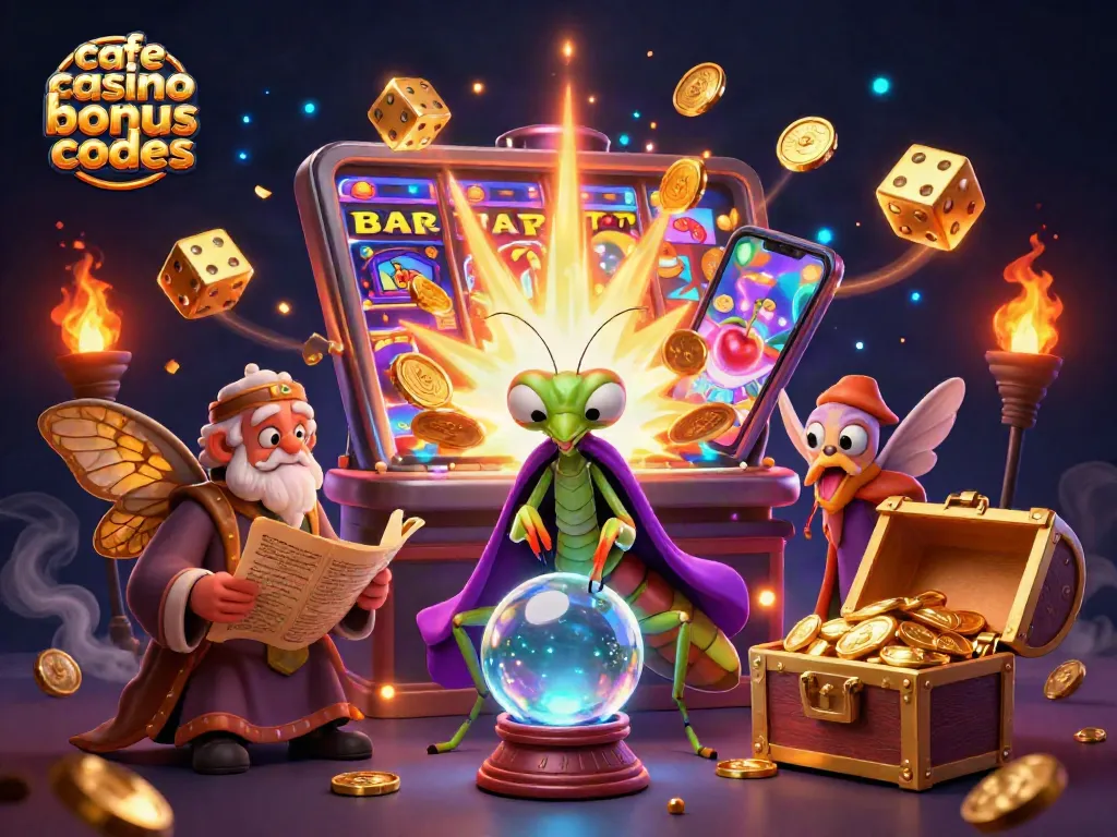 Engage with cafe casino bonus codes through a vibrant, animated casino scene featuring fortune tellers, jackpots, and gold.