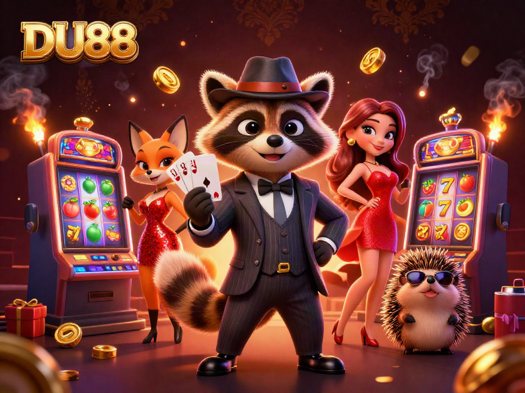 Experience the thrill of winning at DU88 with a vibrant 3D casino scene featuring dynamic slot machines and charming characters.