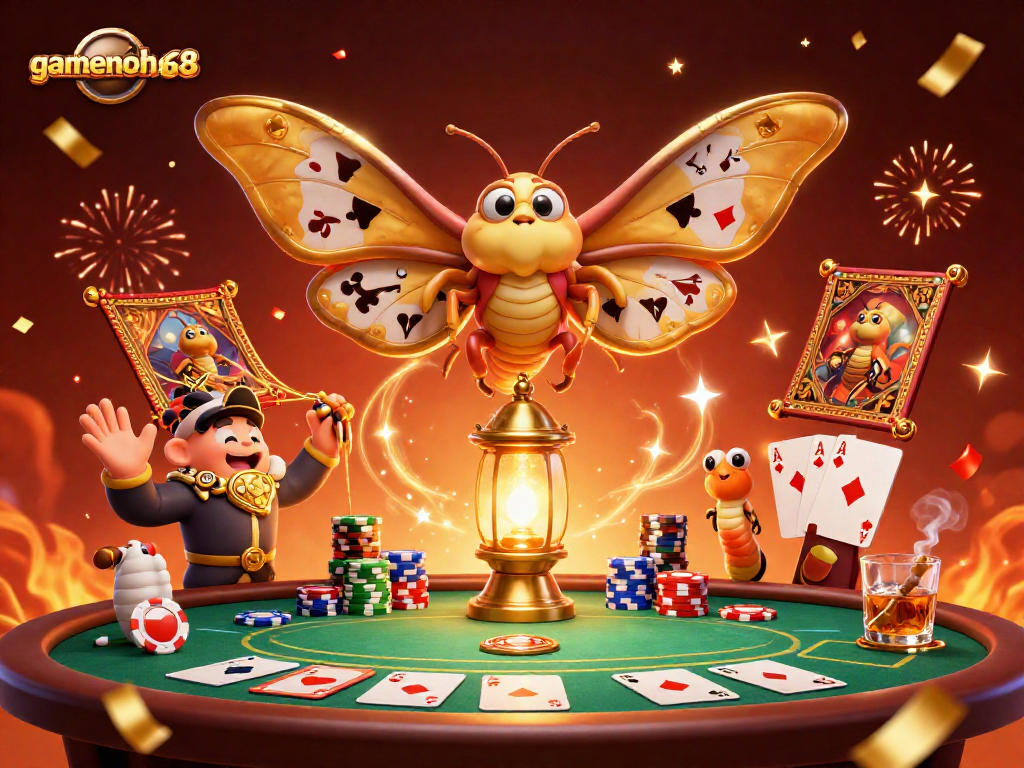 Experience thrilling poker action with gamenohu68's vibrant 3D casino scene featuring majestic characters and dynamic gameplay.