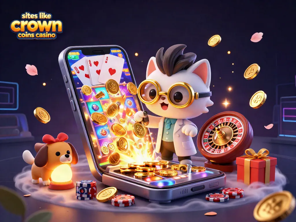 Play exciting games at sites like crown coins casino with golden coins, slot reels, and vibrant casino decor.